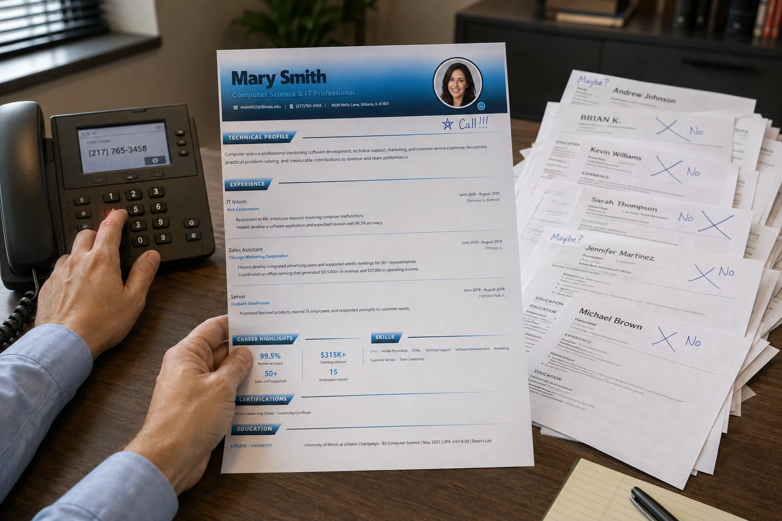 A hiring professional reviewing a carefully presented resume at a walnut desk